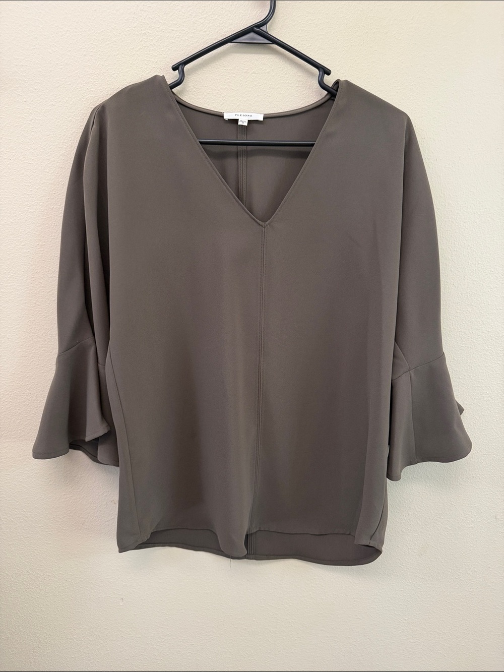 Pleione Olive V-Neck Blouse with Ruffle Sleeves